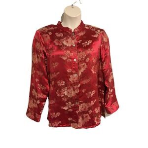 Yi Lin Red Satin Jacquard Nehru Collar Jacket~L~Asian Floral Button Down Classic